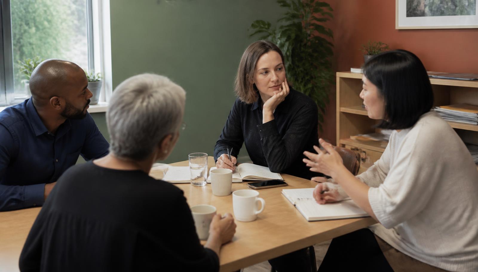 Réunion d’équipe autour d’une table, échange de travail au quotidien